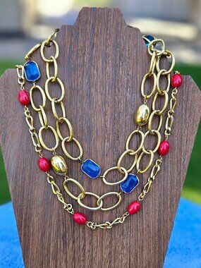 Vintage 2-Pc Gold Chain Necklace Set Blue Stone & Red Coral Figaro 1970s-80s